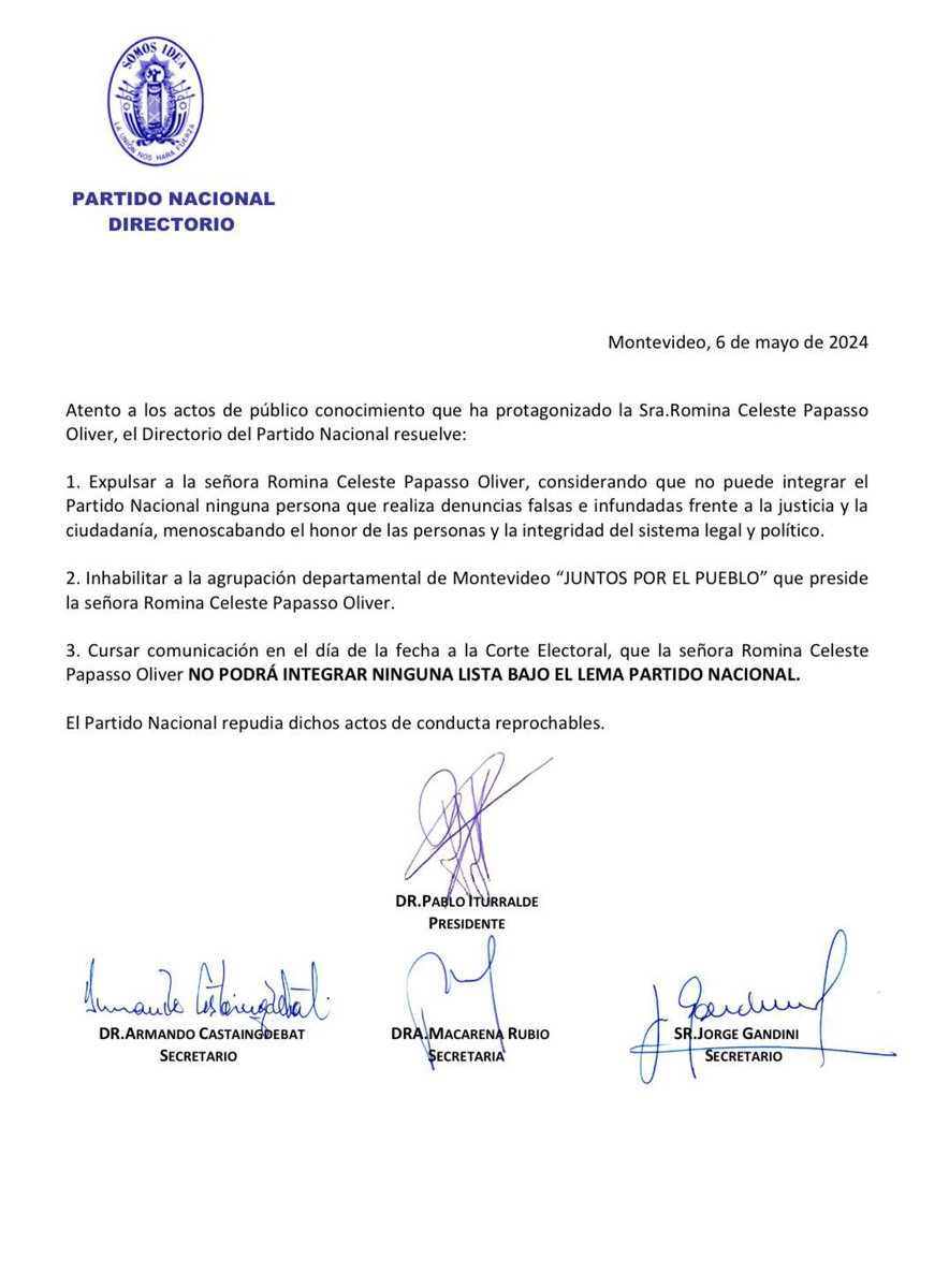 Directorio del @PNACIONAL expulsó por unanimidad a Romina Celeste y proscribió su agrupación. @Subrayado @canal10uruguay