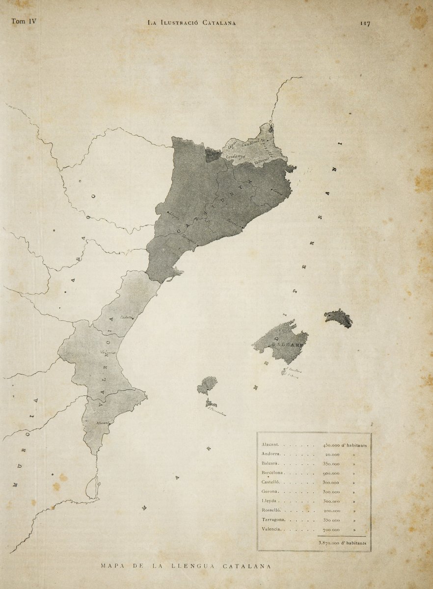 Aquest és el mapa més antic dels Països Catalans, titulat 'Mapa de la llengua catalana'. Fou publicat #taldiacomavui de 1883 a la revista 'La Il·lustració Catalana', l'any que se celebrava 'la vinticinquena festa dels Jochs Florals'. Població total: 3.870.000 habitants. Fil 📜