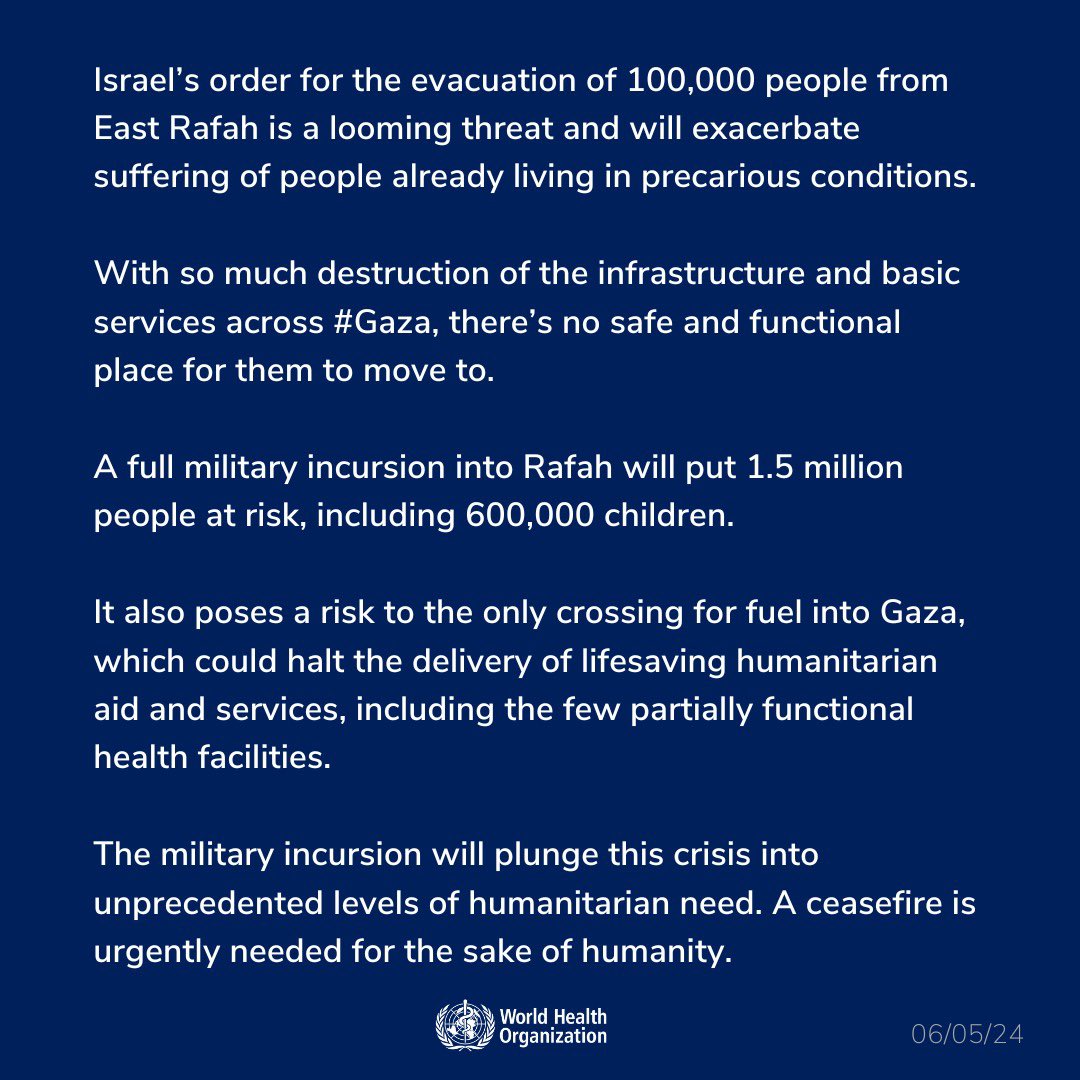 A full military incursion into Rafah will plunge the crisis into unprecedented levels of humanitarian need. A ceasefire is urgently needed for the sake of humanity. #Gaza