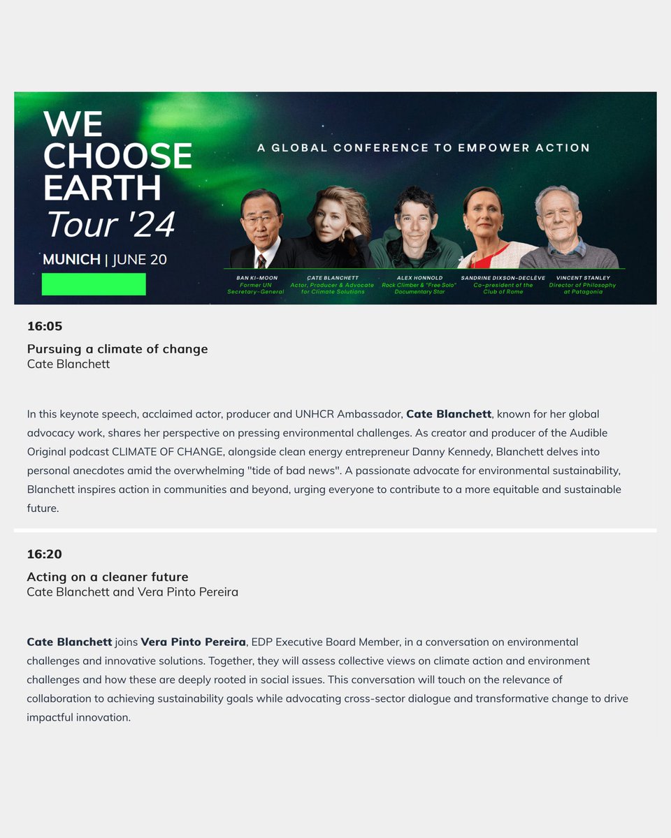 Cate Blanchett will participate at “We Choose Earth Tour” conference that will be held in Munich, Germany on 20 June. It is a global conference aiming to inspire collective change towards a more sustainable future. →cate-blanchett.com/2024/05/06/cat…