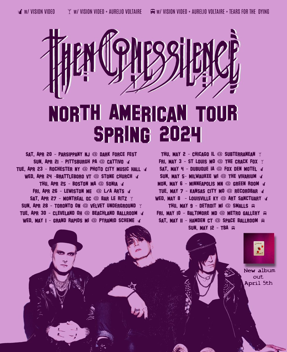 #ThenComesSilence tour their 'Trickery' album via @MetropolisRec. Catch @ThenComesS with @VisionVideoBand May 6– Minneapolis, MN @ Green Room May 7– Kansas City, MO @ Recordbar May 8– Louisville, KY @ Art Sanctuary May 9– Detroit, MI @ Smalls More music thencomessilence.bandcamp.com