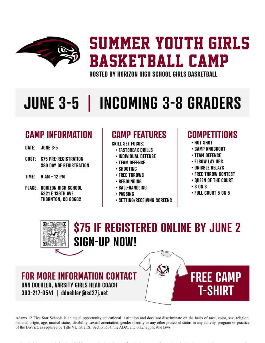 Your 2024 Front Range League Champion Horizon Girls Basketball Team will be hosting a youth girls basketball camp for incoming 3rd-8th graders on June 3-5!! The Future starts with you!!

Click the link below to register!
docs.google.com/forms/d/e/1FAI…
