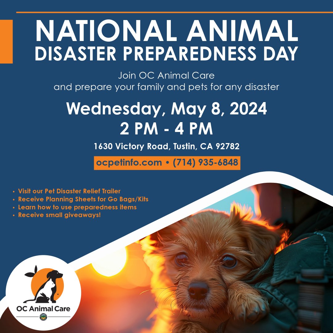 Don't wait for disaster to strike! Join us on National Animal Disaster Preparedness Day and become your pet's superhero. Swing by OC Animal Care for vital tips, demonstrations, and giveaways. Let's ensure our furry friends are always safe and sound!