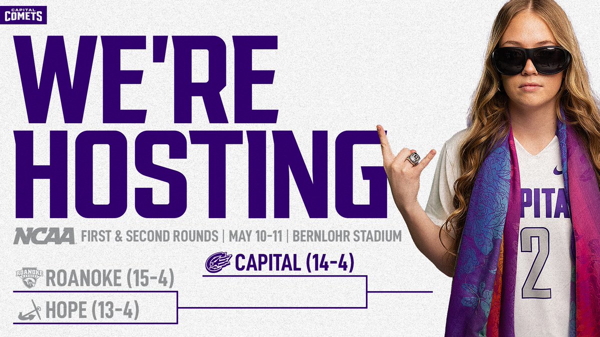 NEWS: @CapitalWLAX will be HOSTING NCAA First and Second Round games this weekend and have earned a FIRST ROUND BYE! The Comets welcome Roanoke (15-4) and Hope (13-4) to town who will face off in the first round. MORE: athletics.capital.edu/news/2024/5/6/… #CapFam | #CapWLAX | #POTP