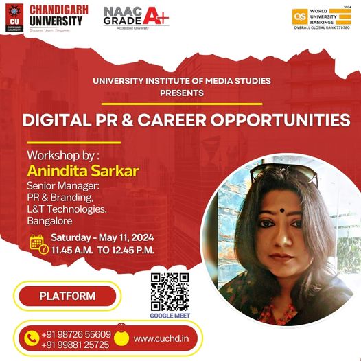 Anindita Sarkar is one of the most reputed PR & Marketing #Communication professionals in the country today.
University Institute of Media Studies (UIMS),ChandigarhUniversity is organizing an Immersive talk on #Careers in Digital PR and Marketing Communications.
 #mediastudies