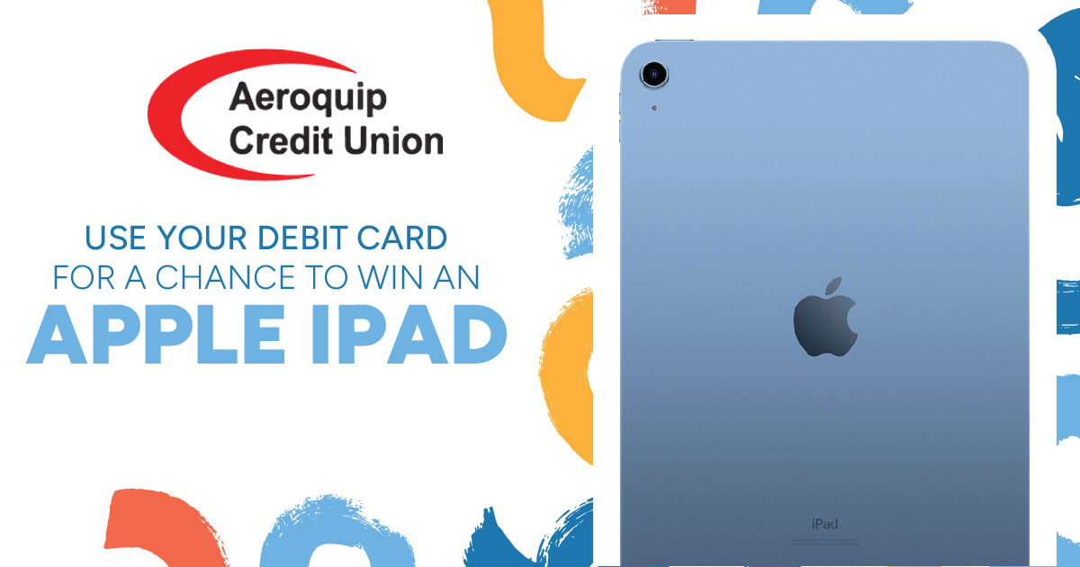 Calling all debit cardholders! Use your debit card between April 1st, 2024 and May 31, 2024 for a chance to WIN Apply Ipad! See ACU for full details.
#DebitCard #ApplyIpad #WinBig 
aeroquipcu.com/checkingshared…