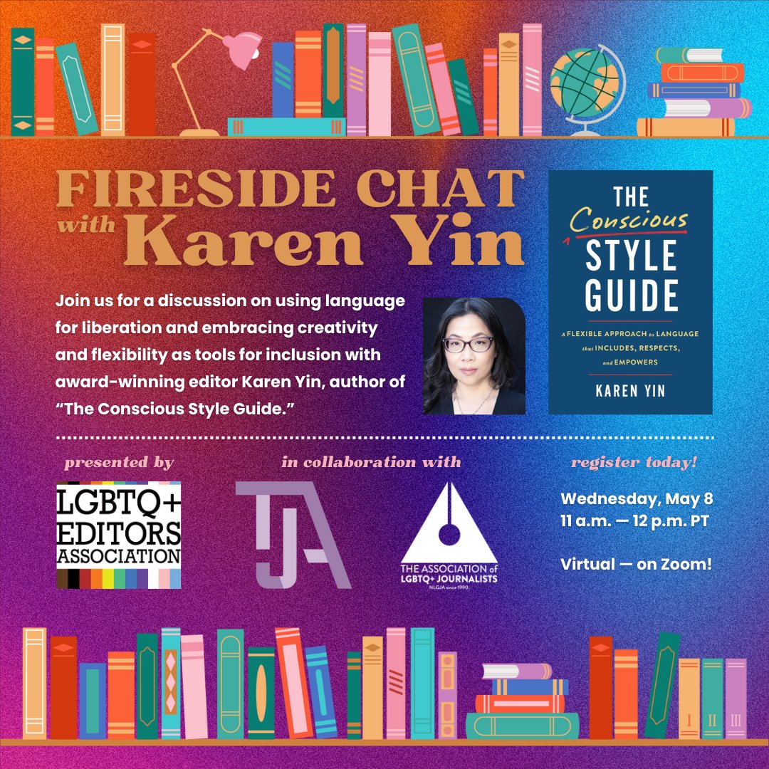 LGBTQEditors's tweet photo. A few tickets left for a fireside chat this Wednesday May 8th with @KarenYin, author of “The Conscious Style Guide.”  Hosted by the
@LGBTQEditors in collaboration with the @TransJA
and the @LAnlgja Chapter of @nlgja.

Register: https://t.co/EVCJFvIdPI https://t.co/mgsA4UtjF4