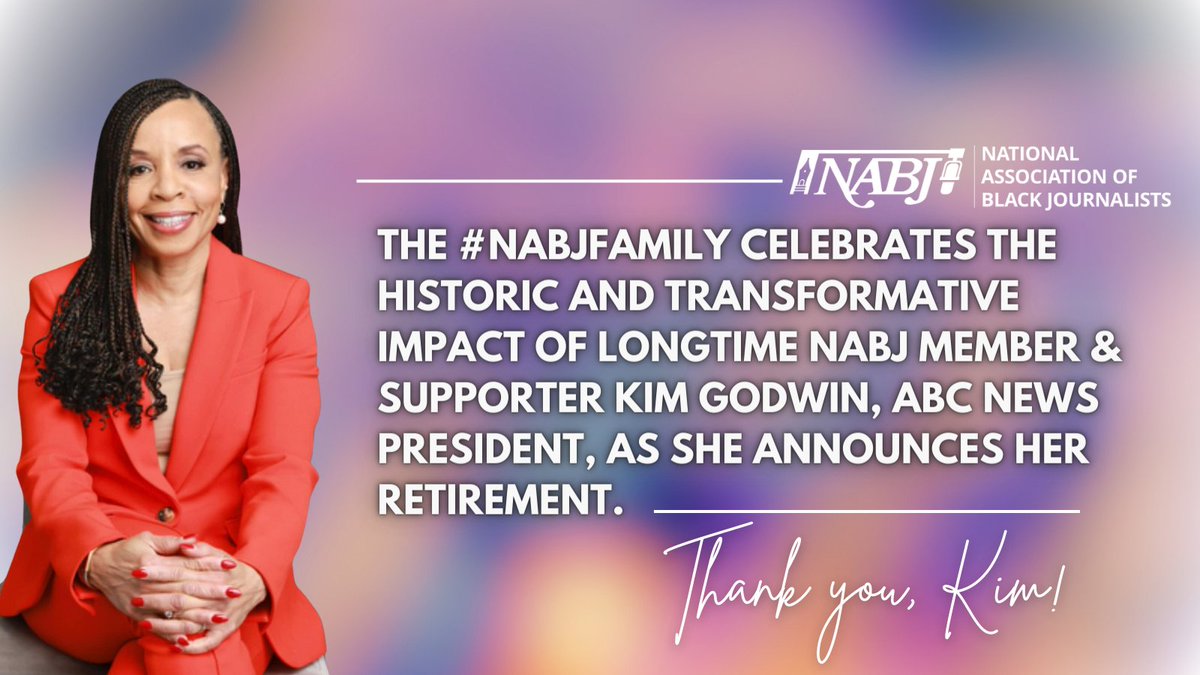 After 40 impactful years in broadcast, @ABC President Kim Godwin has announced her retirement. The #NABJFamily thanks & salutes Godwin for her historic career, support of our mission & transformative work. Her advocacy & investment in future journalism leaders embody NABJ values.