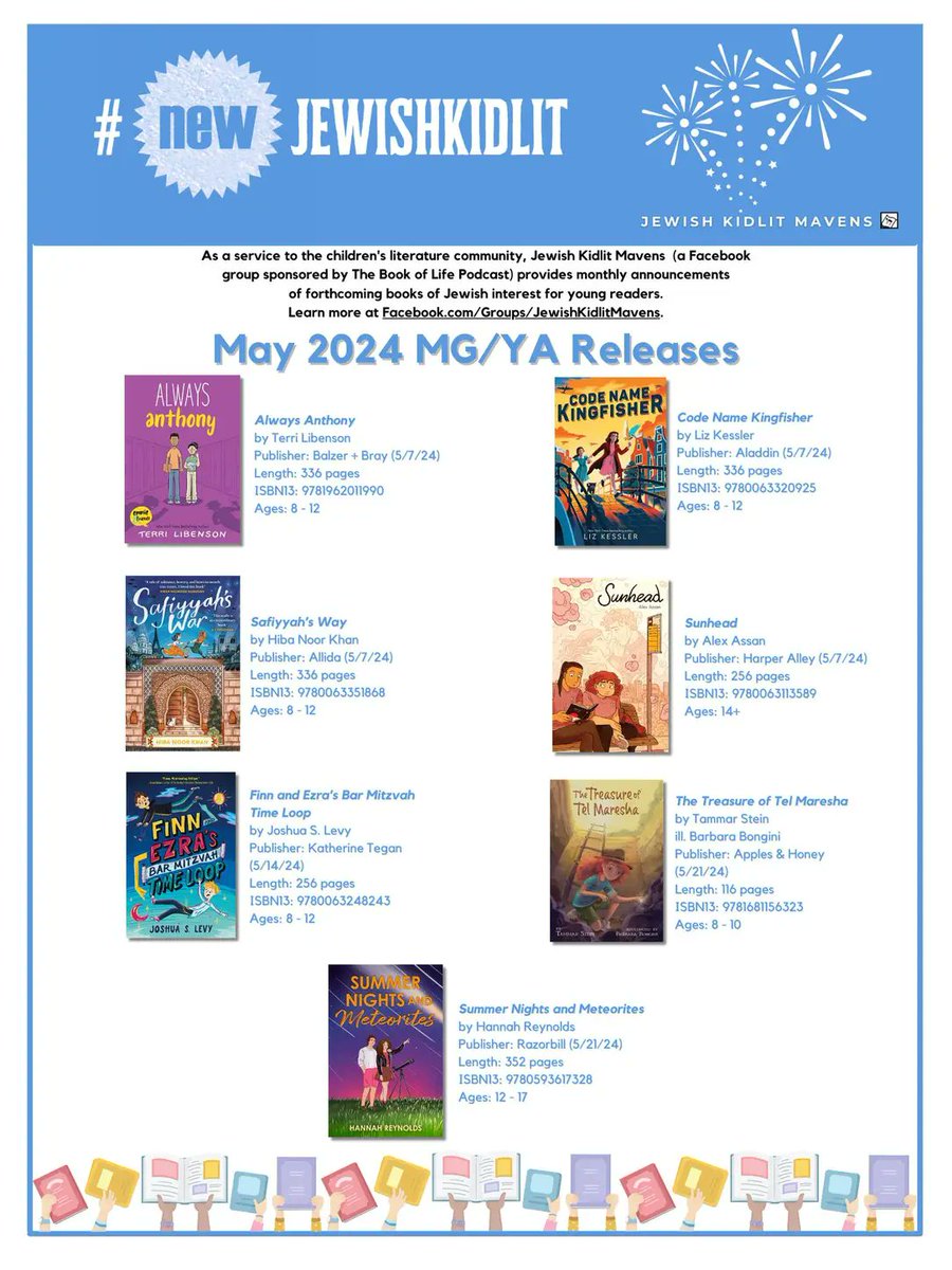 Here's what's new in Jewish kidlit for the month of May!

#writingcommunity #middlegrade #kidlit #teachers #librarians #TeacherTwitter #writerscommunity #BookTwitter #mglit #authorsoftwitter #educators #authorscommunity #amreading
