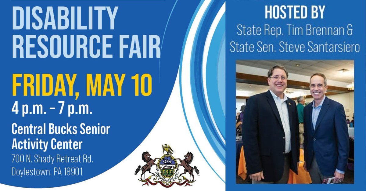 If you or a loved one has a disability, this Friday’s Disability Fair at Central Bucks Senior Center is for you! Join Rep. Brennan and me on Friday, May 10th from 4-7pm for tons of information from local, state and federal organizations & agencies about services and support.