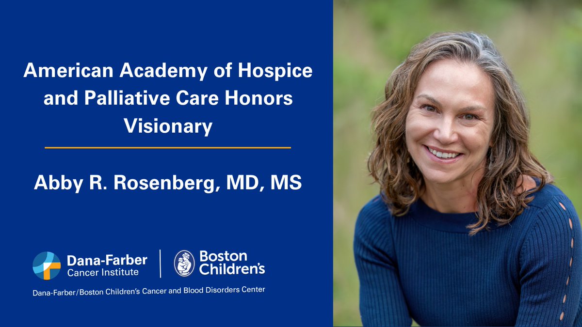 Dana-Farber News (@danafarbernews) on Twitter photo Congratulations to <a href="/AbbyRosenbergMD/">Abby Rosenberg, MD, MS, MA</a> Chief of Pediatric Palliative Care at @danafarber and Director of Palliative Care at <a href="/BostonChildrens/">Boston Children's</a>, who was named one of the most influential leaders in hospice and palliative care by the <a href="/AAHPM/">AAHPM</a>.
Read more ▶️ ms.spr.ly/6018YRKWp Congratulations to <a href="/AbbyRosenbergMD/">Abby Rosenberg, MD, MS, MA</a> Chief of Pediatric Palliative Care at @danafarber and Director of Palliative Care at <a href="/BostonChildrens/">Boston Children's</a>, who was named one of the most influential leaders in hospice and palliative care by the <a href="/AAHPM/">AAHPM</a>.
Read more ▶️ ms.spr.ly/6018YRKWp