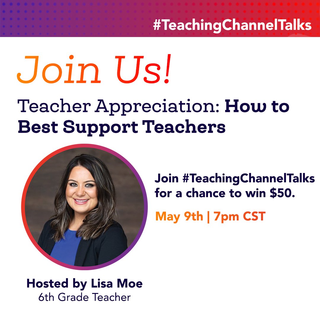 📣 Calling all educators! 📣 

Join us on May 9th at 7pm CST for #TeachingChannelTalks, hosted by @MissMoeTeaches featuring @iteachus and @LaviniaGroupEd for a chance to win $50.

We will be chatting about Teacher Appreciation: How to Best Support Teachers.

#edchat #suptchat