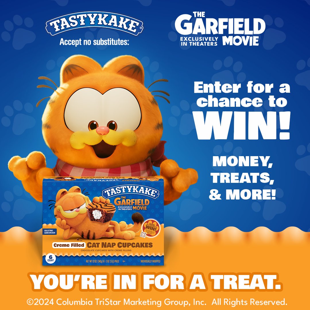 Feline lucky? 😺 Enter the #GarfieldMovie Sweepstakes for your chance to win Treats, Tastykake, & Cash! And pick up the limited time Garfield Tastykake snacks. T&C’s apply.