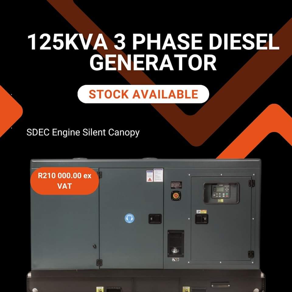 🔋💡 Our stock of 125KVA 3 Phase Diesel Generators with SDEC Engine Silent Canopy is here to provide reliable temporary power solutions for your business needs. Reach out to us today at R210,000.00 ex VAT to ensure your operations never face a dull moment!