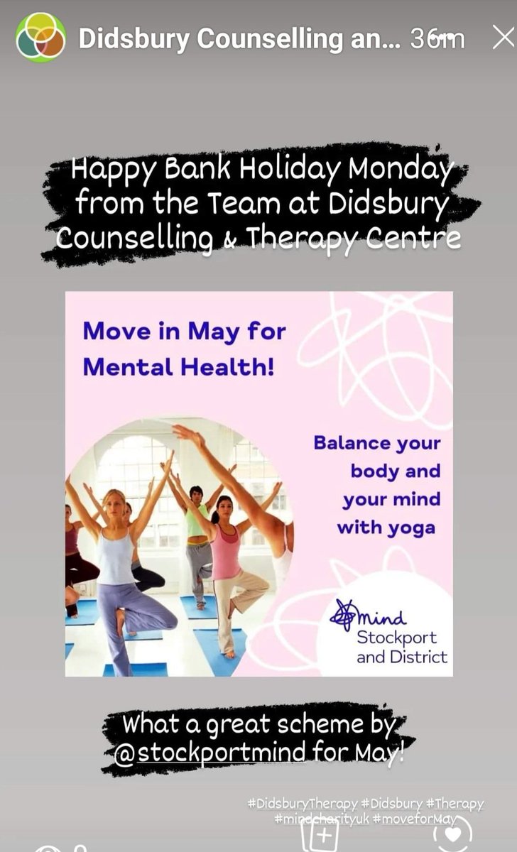 Move in May for Mental health is a great idea from <a href="/MindCharity/">Mind</a>!
<a href="/Didsburytherapy/">Didsb. Therapy</a> have been supporting the mental health of local residents since 2012.
#Counselling
#therapy 
#didsbury