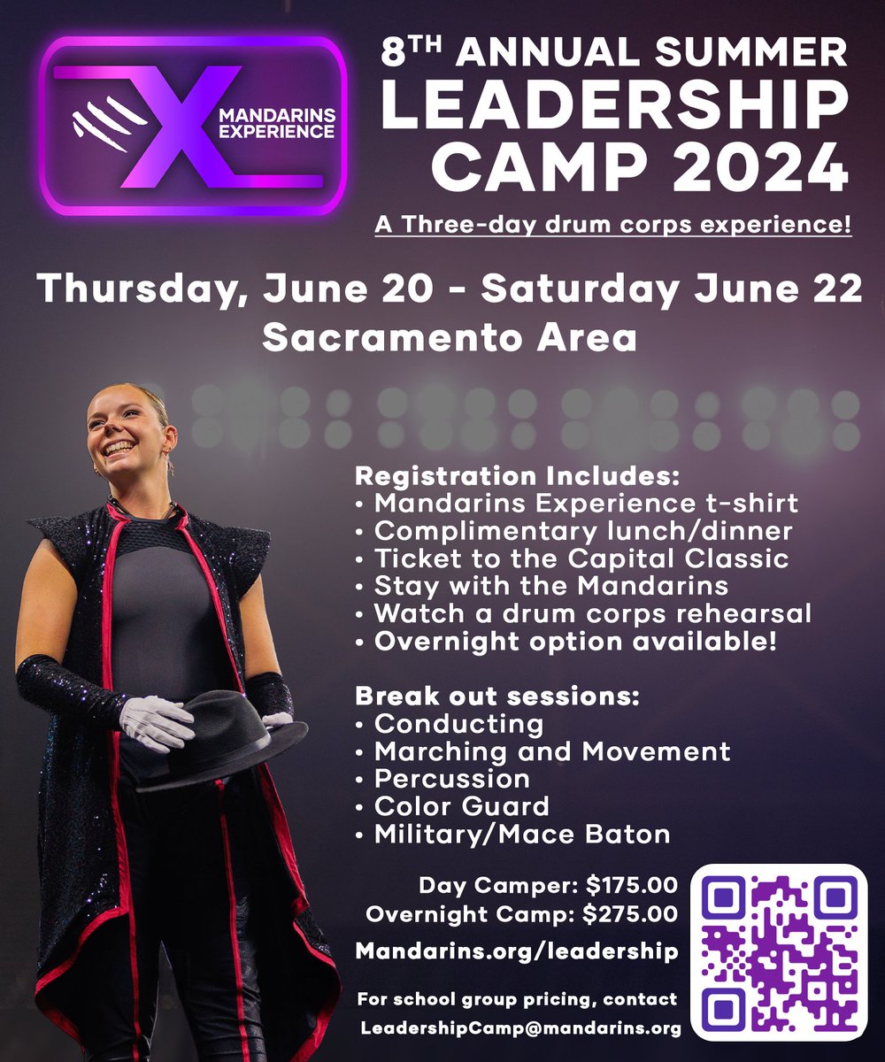 🚨REGISTRATION NOW OPEN! This June, join the Mandarins Experience for our 8th annual Summer Leadership Camp! Includes a ticket to the DCI Capital Classic, and the chance to check out the Mandarins rehearse leading up to their Family Day performance! 🔗: mandarins.org/leadership