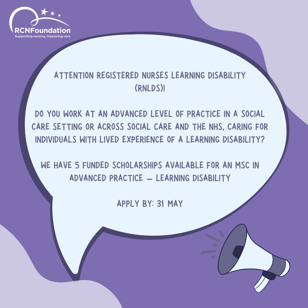 🚨 Calling all Registered Nurses Learning Disability (RNLDs) working in Scotland! Did you know that we have recently announced funding for an MSc Advanced Practice, Learning Disability Scholarship? Find out more and apply: bit.ly/4ay5rxW #ScotLDWeek24 #MyRight2Digital