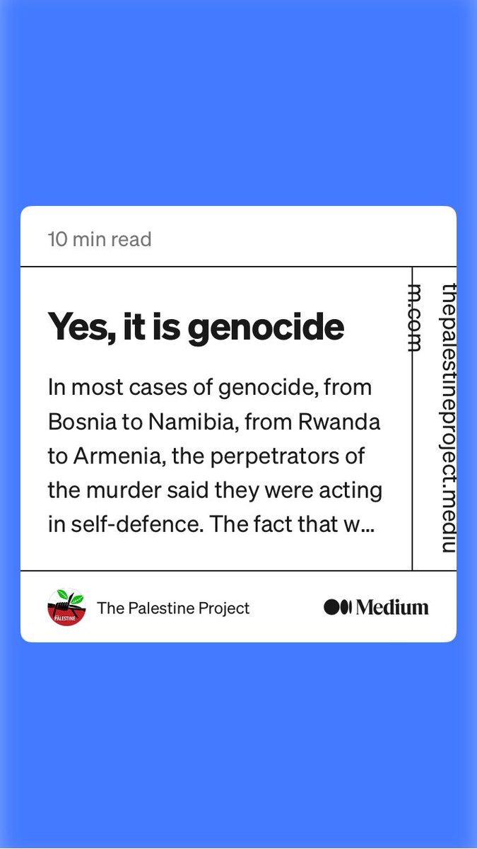 “Yes, it is genocide” 

Important article, I suggest for all Jews to read. Context and history, usefully distinguishing genocides from the Holocaust. 
Robust source and authorship. 
thepalestineproject.medium.com/yes-it-is-geno…