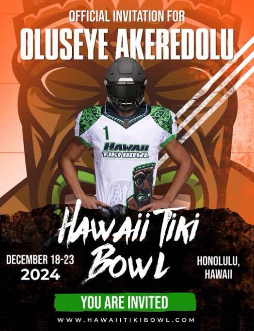Thank you @HawaiiTikiBowl for the bowl game invite! @HendricksonFB @HawkFB_Recruit @Storm24Tx @CoachNoon45 @hackattack_10