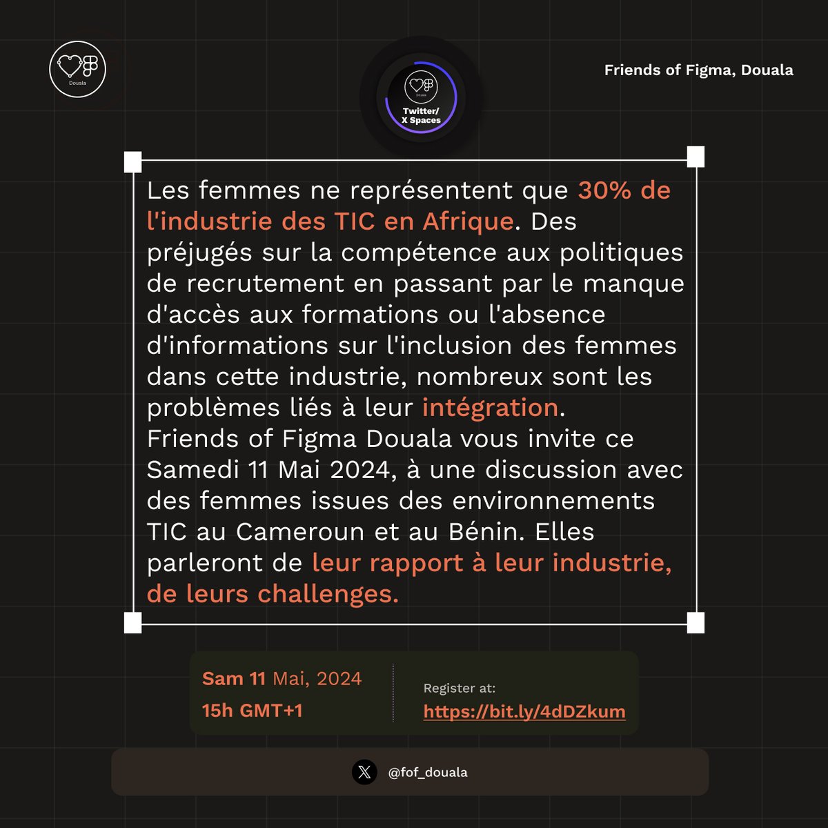 fof_douala's tweet photo. Hello les #Figmates 👋🏼
Friends of Figma Douala vous invite ce Samedi 11 Mai 2024, à une discussion avec des femmes issues des environnements TIC au Cameroun et au Bénin afin d'échanger sur leurs expériences de pros.
RSVP : https://t.co/pzcMJxRTwR
#FOFDOUALA #design https://t.co/oun9qEvTeR