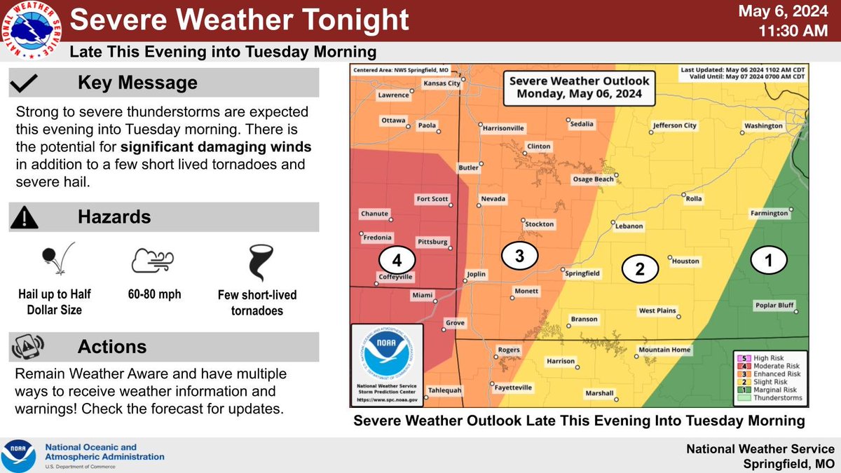 Severe thunderstorms are expected late this evening into Tuesday morning. There is the potential for significant damaging winds in addition to a few short-lived tornadoes and hail up to the size of half dollars. Stay weather aware tonight! #mowx #kswx