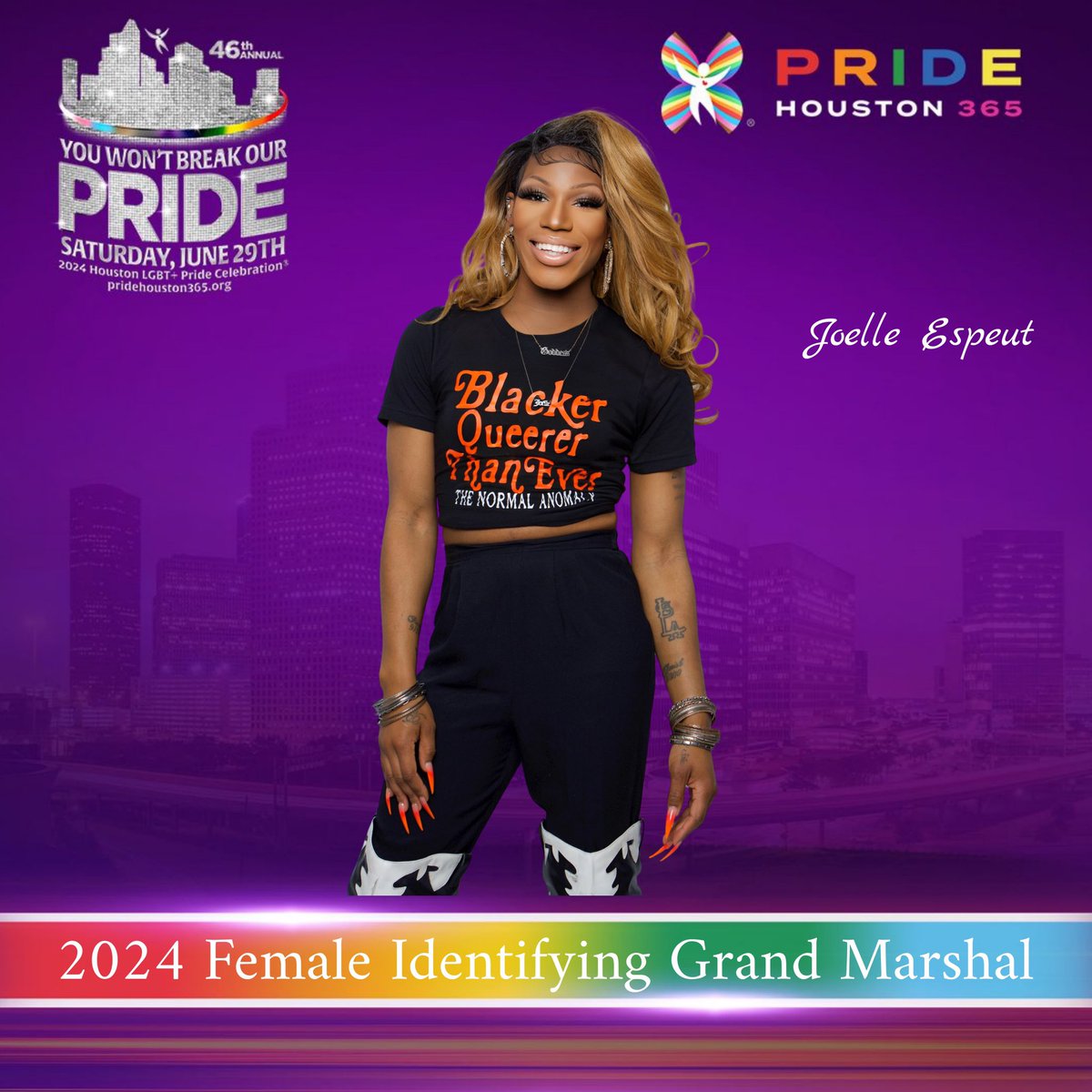 🎉 We are proud to announce Joelle Bayaa-Uzuri Espeut (she/her/hers) as our 2024 Female Identifying Grand Marshal!