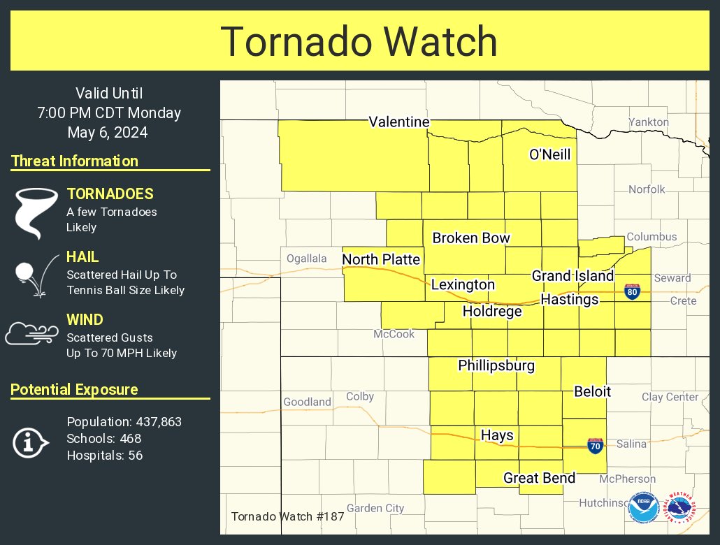 A tornado watch has been issued for parts of Kansas and Nebraska until 7 PM CDT