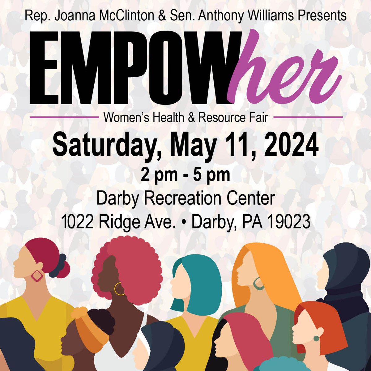 #DelCo neighbors - Join @SenTonyWilliams & I next Saturday, May 11, 2024, from 2 p.m. to 5 p.m. at the Darby Recreation Center, 1022 Ridge Ave., Darby, PA for the EmpowHER Women's Health and Resource Fair. RSVP by contacting my office at 215-748-6712 or forms.office.com/pages/response…