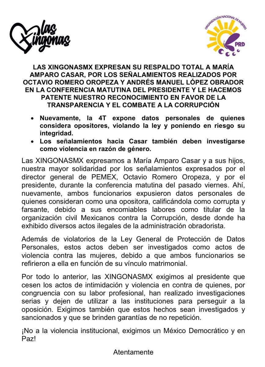 ONMPRD's tweet image. Desde la ONM y Las Xingonas Mx manifestanos todo nuestro respaldo a María Amparo Casar @amparocasar, reconocemos su compromiso a favor de la Transparencia y combate a la corrupción. 

No más violencia política -@lopezobrador_ y @OctavioRomero_O