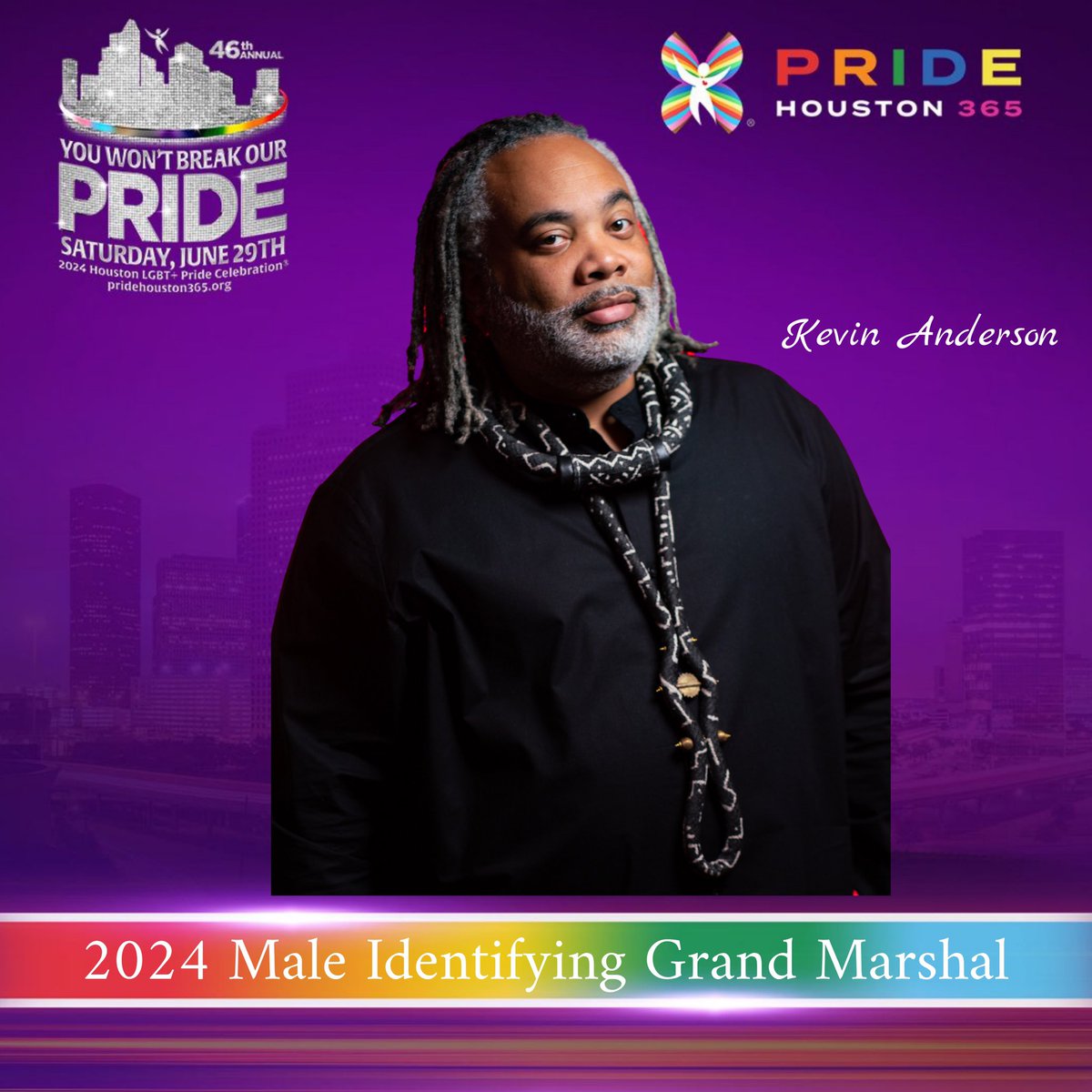 🌟 We are thrilled to announce Kevin D. Anderson (he/him pronouns) as our 2024 Male Identifying Grand Marshal!