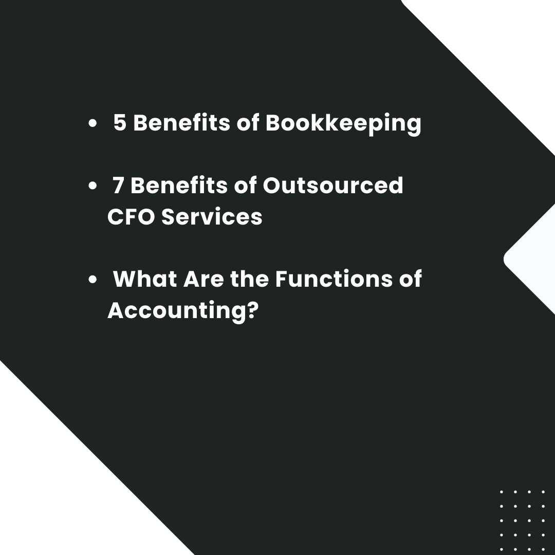 Visit our (website blog url) website read our latest 3 blogs.

#businessbookkeeping #financialmanagement #smallbusinesstips #bookkeepingbenefits #growyourbusiness #cfoservices #businessgrowth #outsourcedcfo #financialstrategy #smallbusinessfinance #accountingfunctions