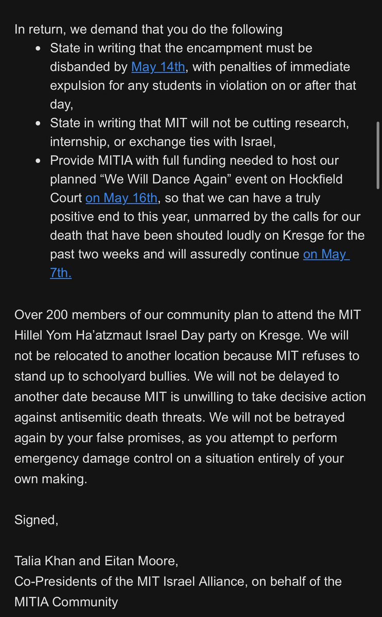 . @MIT is trying to move our Yom Ha’atzmaut celebration because of the encampment. The students have spoken and we have voted that we will continue with our celebration as planned. We will not be silenced or moved around.