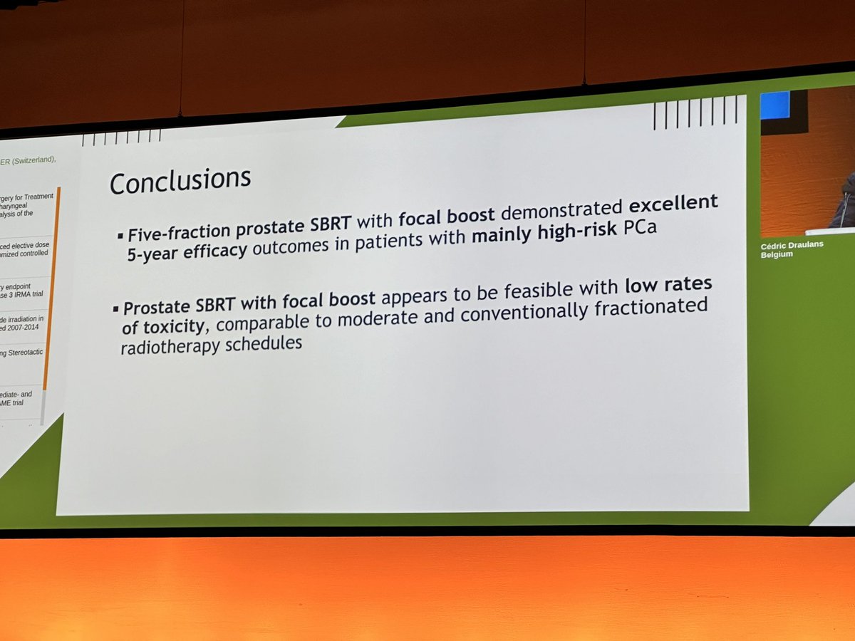 Cédric Dralauns with results of hypo-FLAME #ESTRO24 @ESTRO_RT Low toxicity with focal RT boost in SBRT. Excellent outcomes. #radonc #ProstateCancer