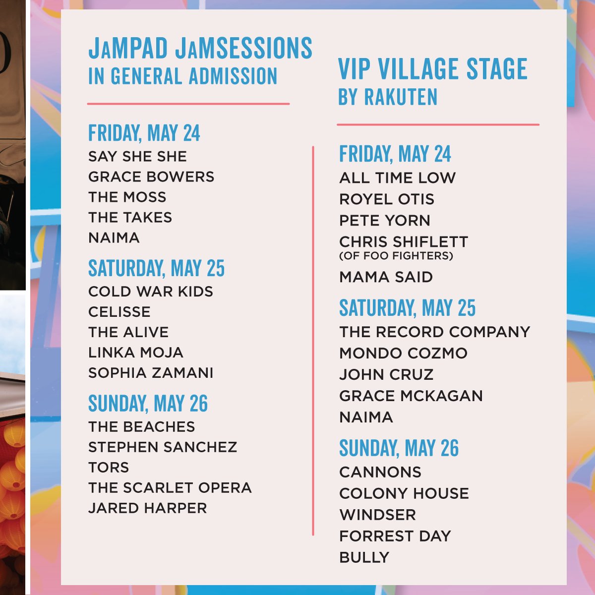 Are these... the best bonus sets we've ever announced?! Catch more music from @AllTimeLow, @stephencsanchez, @thebeaches, @cannonstheband, and MORE. The @JaMCellars JaMPad is open to all ticket levels, and the VIP Village Stage by @Rakuten is open to all VIP, Skydeck,…