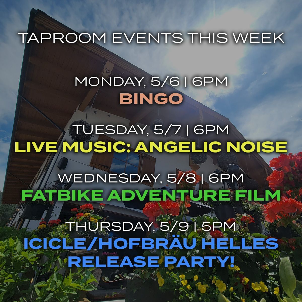 Big week of events at our taproom! Bingo tonight, live music Tuesday, A fat tire bike adventure movie on Wednesday, and the big ol' bash we're throwing on Thursday for our Icicle/Hofbräu Helles release party starting at 5pm!