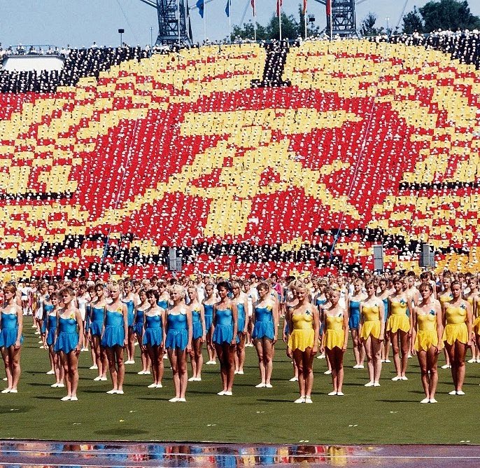 The DDR flag displayed at the VIII Festival of Gymnastics and Sports at the central stadium in Leipzig. 

1987