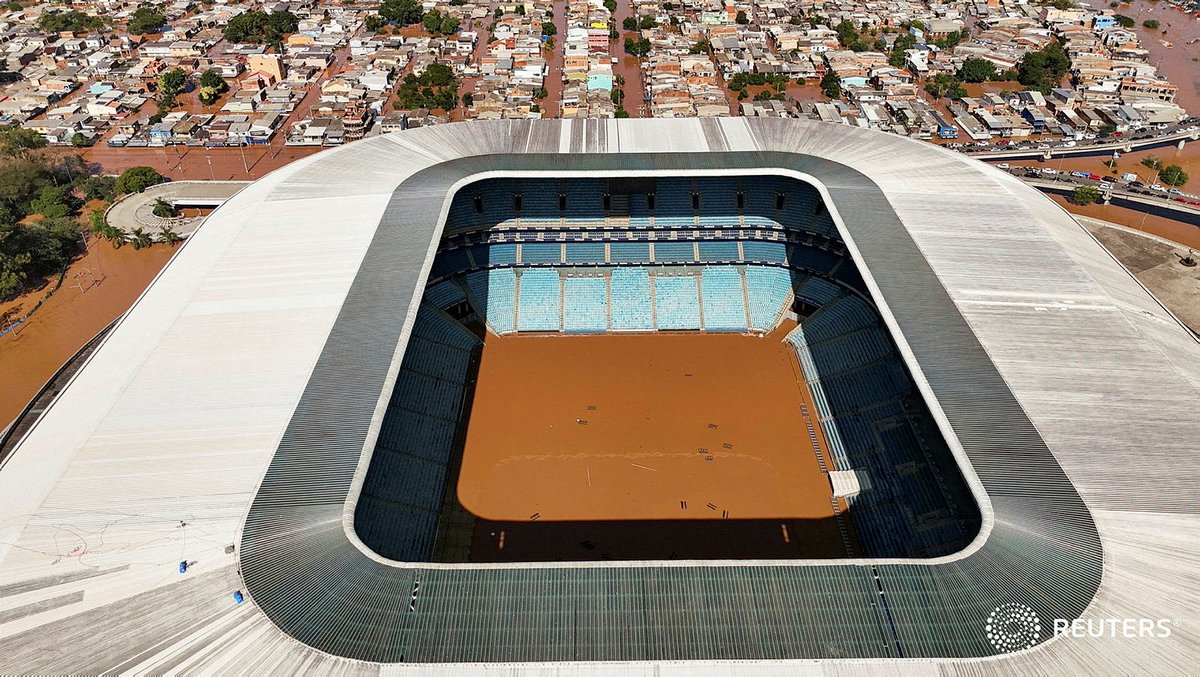 Jorge Silva (@jgesilva) on Twitter photo A drone view shows the flooded Arena #Gremio stadium in Porto Alegre, in Rio Grande do Sul state, Brazil, May 6, 2024. REUTERS/Amanda Perobelli <a href="/AMPerobelli/">Amanda Perobelli</a> #Brasil A drone view shows the flooded Arena #Gremio stadium in Porto Alegre, in Rio Grande do Sul state, Brazil, May 6, 2024. REUTERS/Amanda Perobelli <a href="/AMPerobelli/">Amanda Perobelli</a> #Brasil
