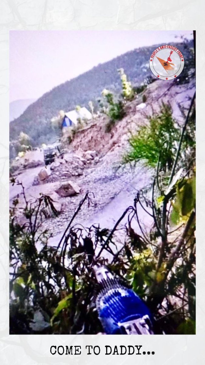 #India 🇮🇳 / #Jammu & #Kashmir: People's Anti-Fascist Front (#PAFF) ambushed Indian Air Forces convoy on May 4 in #Surankote, #Poonch. The group posted a photo of the ambush titled 'Come to Daddy...' One of the fighters seems to be armed with an AKM / Romanian PM md. 90 rifle.