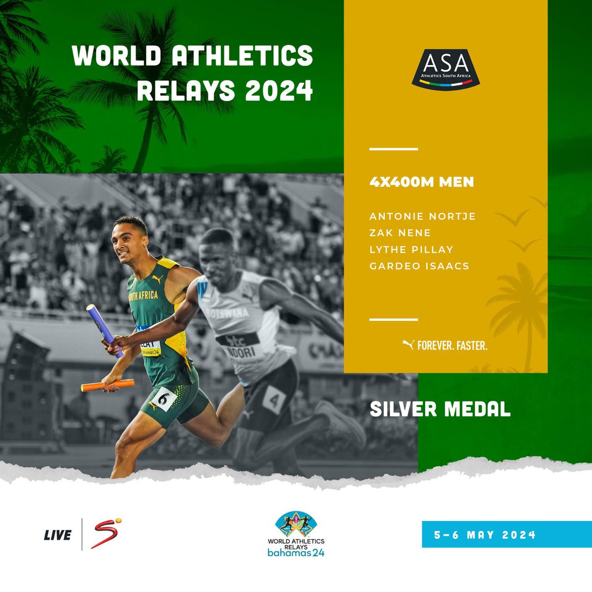 Awesome effort by the SA 4x400m team, taking the silver medal at the World Relays 🥈 🇿🇦 And they’ve qualified for the Paris Olympics! #Worldrelays #RoadToOlympics #TeamSA