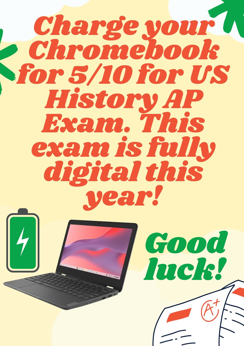 Good luck to any students taking AP exams this week! Check out the schedule below! If you are taking US History, please remember to charge your Chromebook as that exam is fully digital! #goodluck #youcandothis #YouGotThis #APExams @NausetHS @NausetGuidance