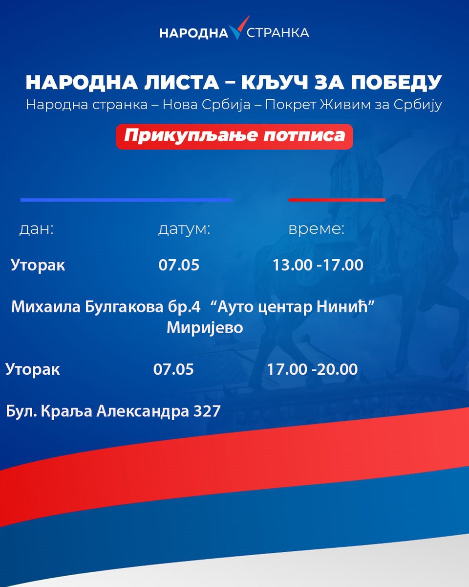 Настављамо прикупљање потписа за Београд , за Звездару у уторак 07.05. у термину од 13.00 - 17.00 у Миријеву, на адреси Михаила Булгакова бр.4 'Ауто центар Нинић' и у термину 17.00 -20.00 Булевар Краља Александра 327 Видимо се ! @StrankaNarodna @ZivimZaSrbiju