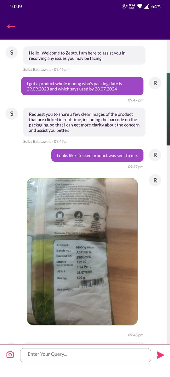 romilbadhe's tweet photo. @ZeptoNow @zeptocares
How is this justified. Selling the product which on the packing clearly says Use By and the customer care executive says it has ample self life https://t.co/AC2T7TCwMY