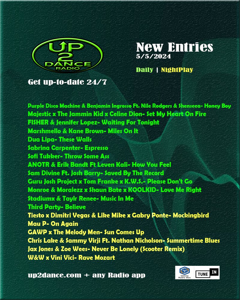 This is the NEW entries to our daily playlist this week 📢
Discover them FIRST Every Saturday night > up2dance.com 📟
.
#newmusicalert #up2dance #up2danceradio #up2danceplaylist #NightPlay #NowPlaying #PlayNow #dancemusic #HouseMusic #popmusic #partymusic #freshmusic