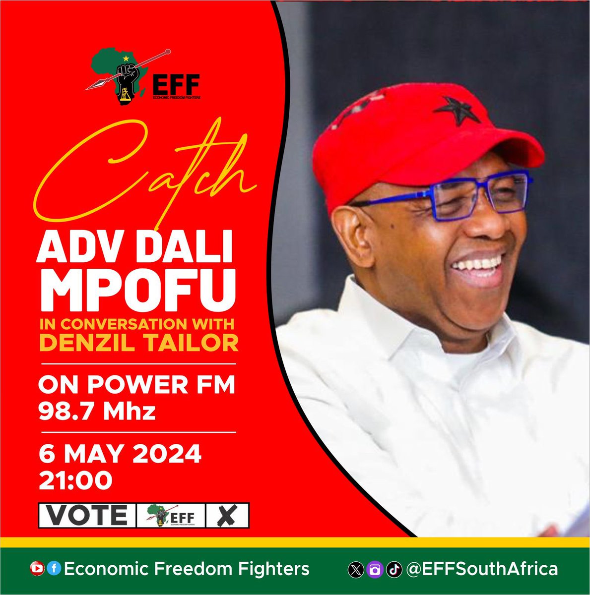 ♦️Happening Today♦️ Catch the EFF Former National Chairperson @AdvDali_Mpofu in conversation with Denzil Tailor on Power FM today at 21H00. #VoteEFF