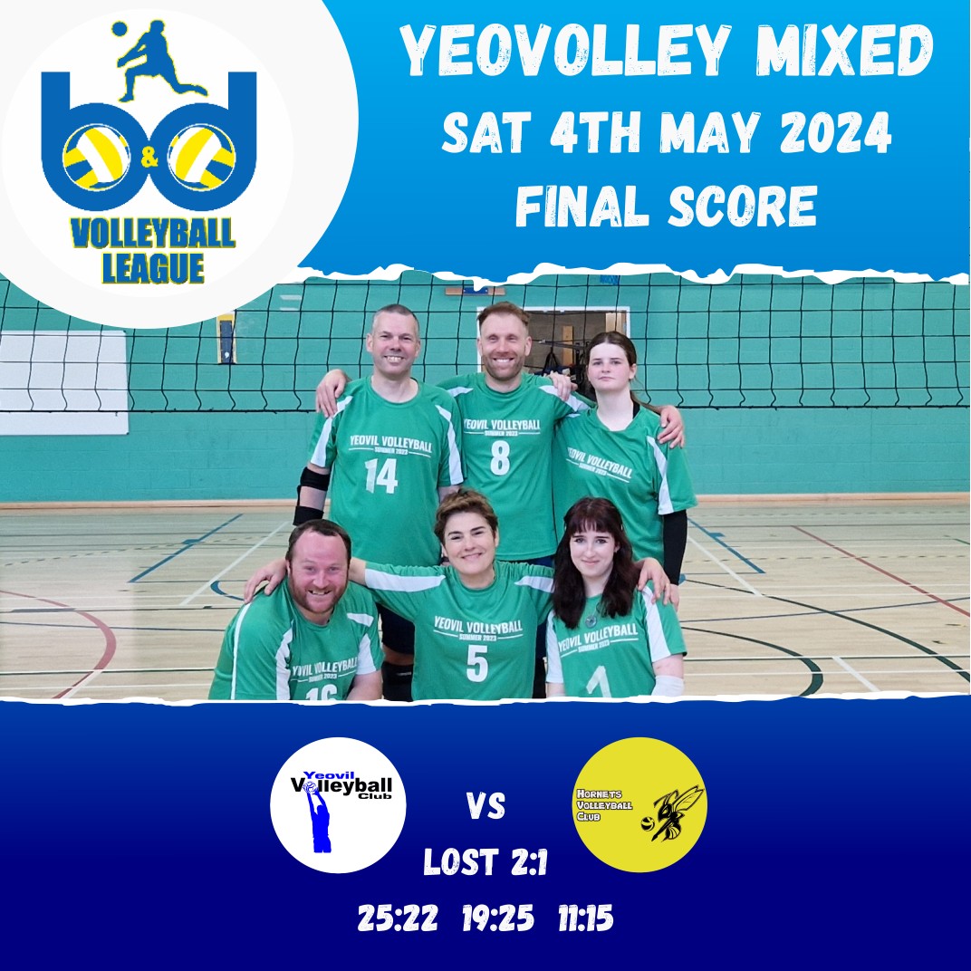 Our  mixed team were our last team to  finish their season on Sat. Playing top half of the table  opponents the team started well, winning the 1st set. However Hornets  settled and took the 2nd set. Despite Yeovolley battling in the 3rd  they lost 11-15
#volleyballengland
