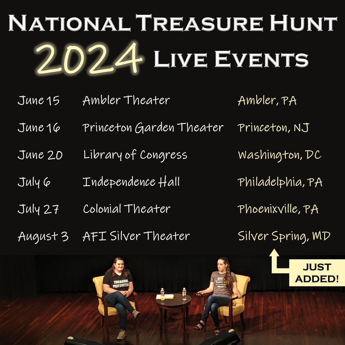 Big news! 📢 We've just added a SIXTH date to our National Treasure Hunt LIVE event series this summer! DMV residents and visitors can join us at @AFISilver on August 3 for a #NationalTreasure screening, preceded by National Treasure trivia and followed by a book signing.