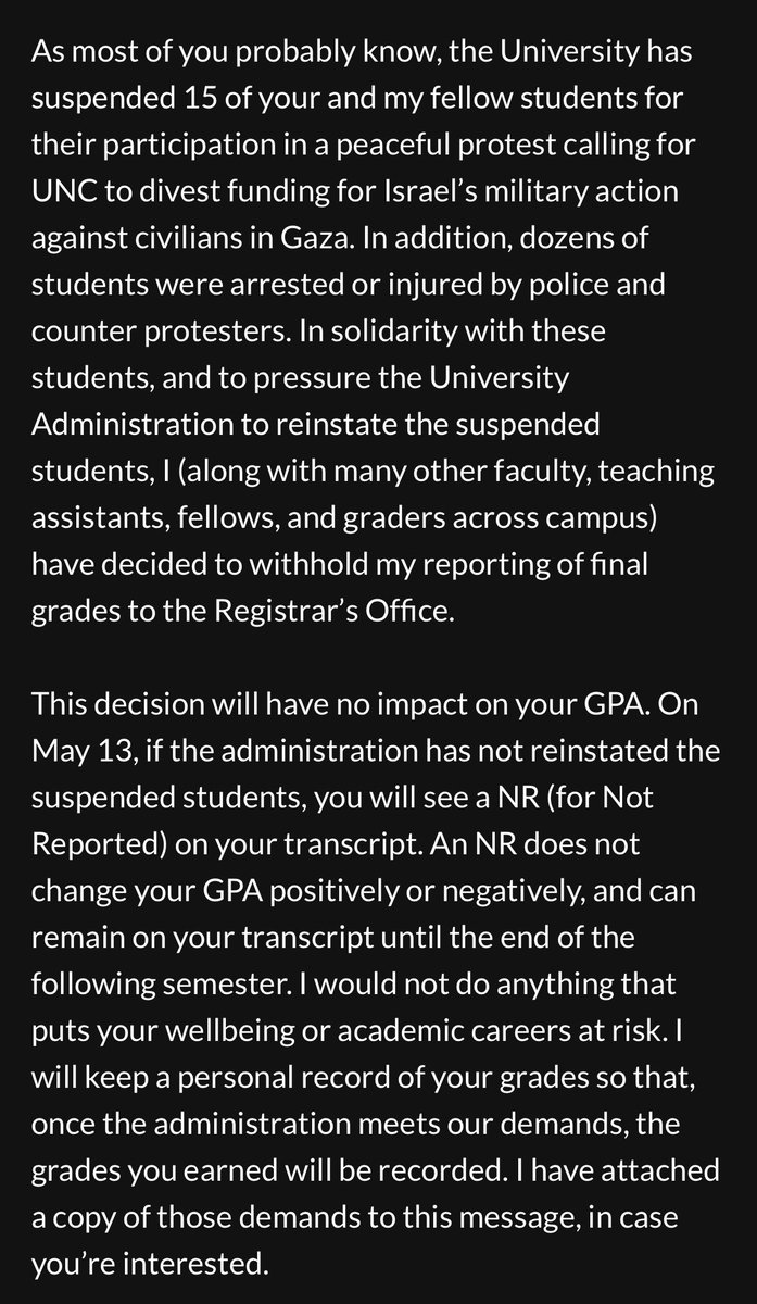 BREAKING: A professor at UNC Chapel Hill is apparently going to withhold grades from students if the administration does not unsuspend students who were part of protests last week #ncpol #ncga