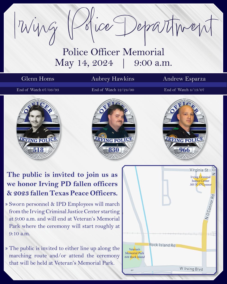 In honor of next week's #PoliceWeek, we will hold our annual IPD memorial ceremony to honor Texas' 23-24 fallen officers & our three fallen officers: Glenn Homs,  Aubrey Hawkins, & Andrew Esparza. Each year, we gather to show our unwavering support & to #NeverForget.