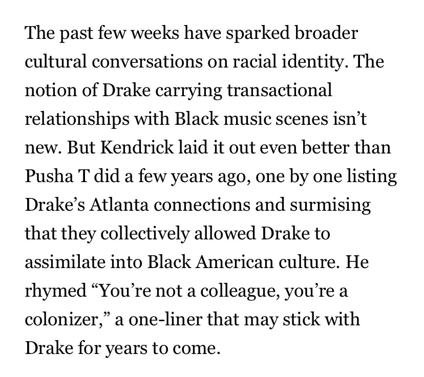 this dont apply to everyone, but i want us to examine what some of the pro-Drake push is about. a lot of cultural voyeurs are vicariously triggered &have personal stake in the validity of Kendrick's 'colonizer' angle