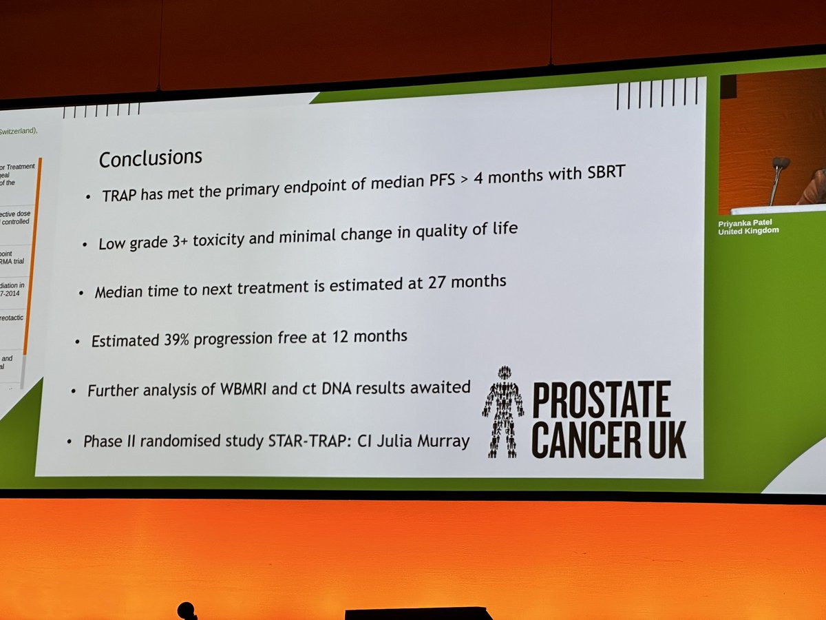 ⚡️SABR for oligoprogressive mCRPC on ARPI TRAP trial for #ProstateCancer presented by Priyanka Patel Encouraging results in phase I. Next up: STAR-TRAP phase II RCT @ICR_London @alison_tree